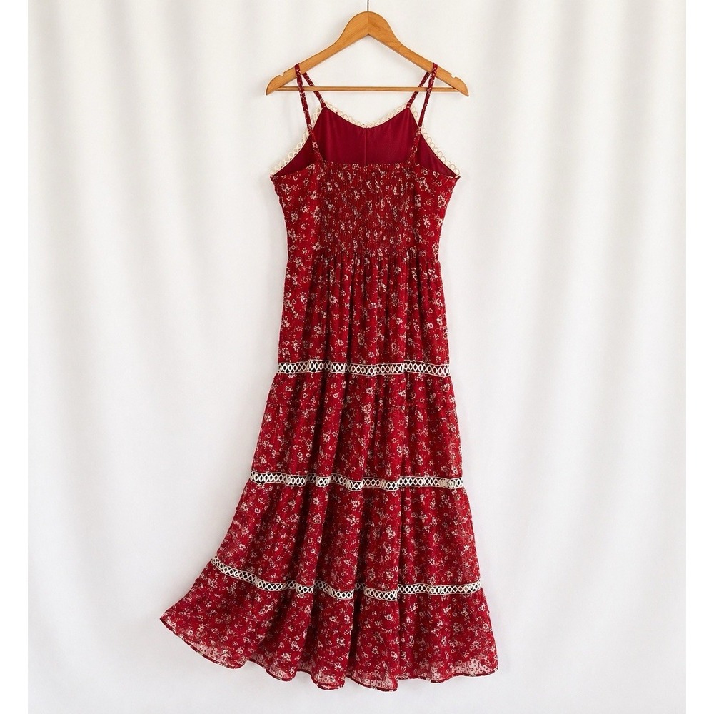 Floral Maxi Dress Womens Small Cottage Boho Flowy Tiered Euro Summer Smocked Red - Picture 2 of 6